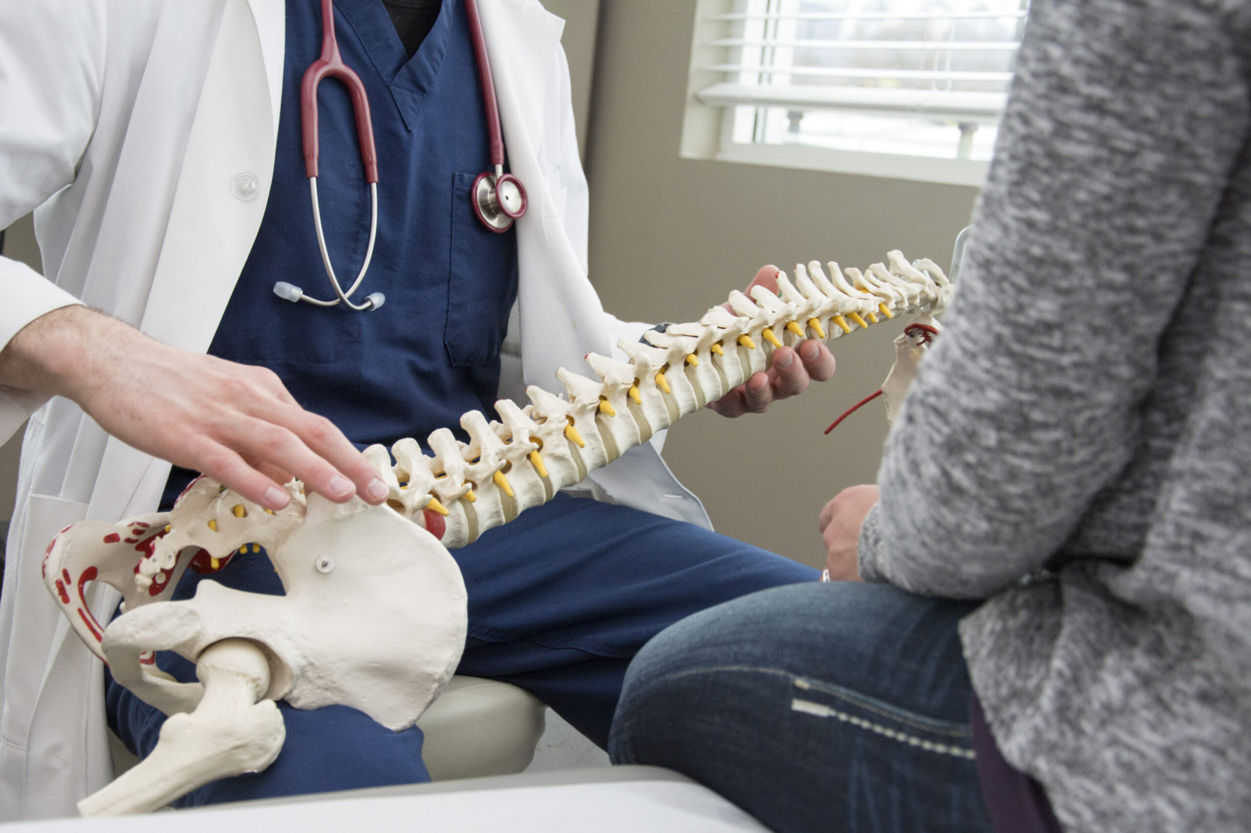 a doctor examining a human skeleton in a room
